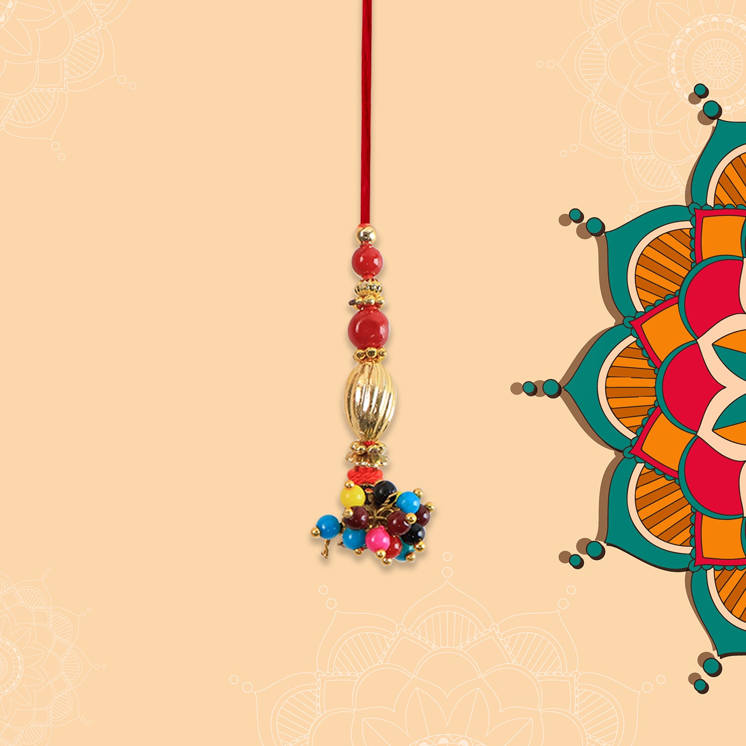 Bhabhi Lumba Rakhi With Multicolor Beads And Golden Floral Charm On Red Thread Bhabhi Lumba Rakhi With Multicolor Beads And Golden Floral Charm On Red Thread